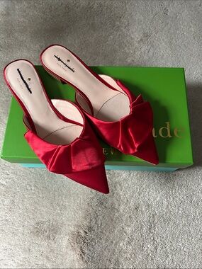 kate spade Faryn Satin and Leather Slip On Mules with Front Ruffle NIB